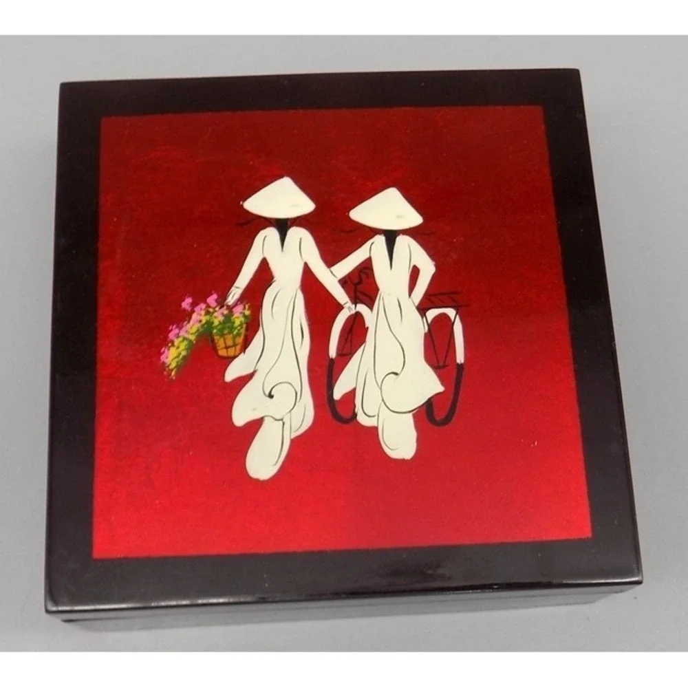 6 Vtg Vietnamese Lacquer Coasters w/ Box Hand-Painted Áo Dài Art HOI AN Unused